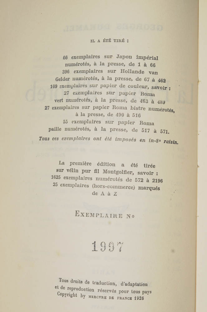 DUHAMEL 1926 EO N° sur vélin La Pierre d'Horeb 